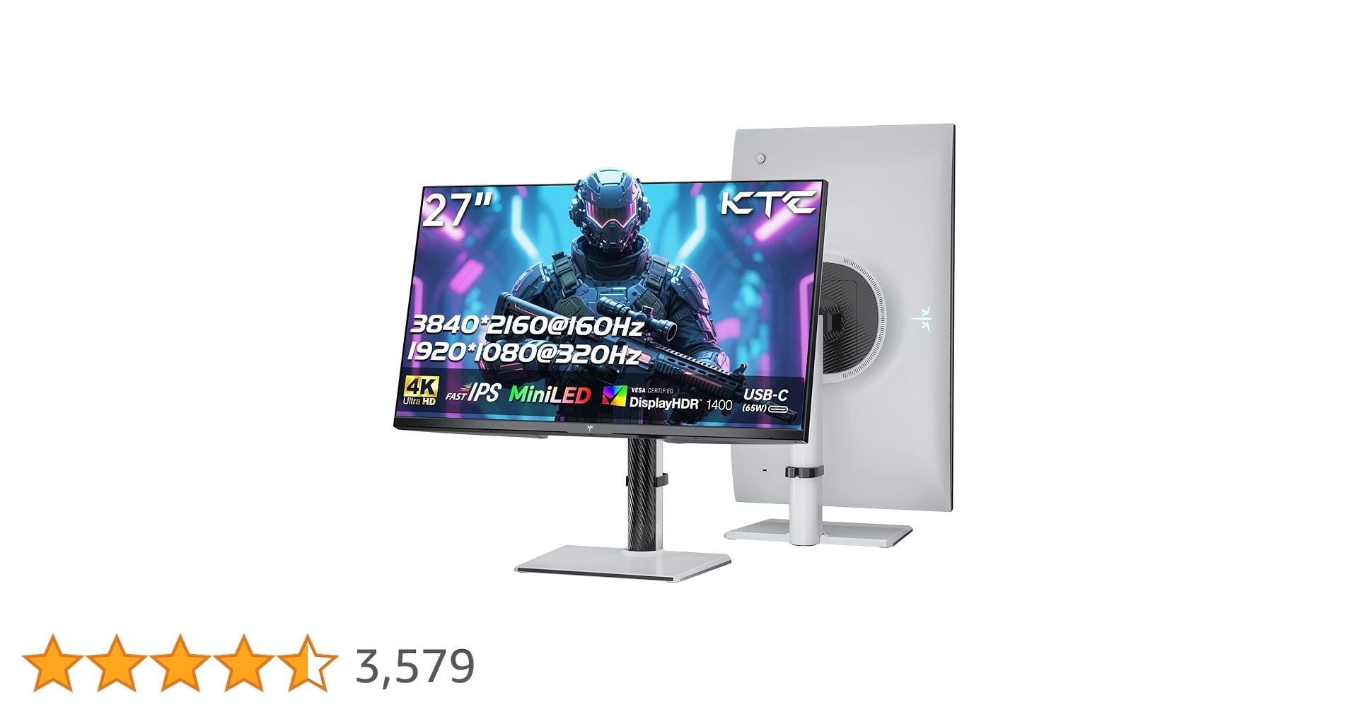 KTC MiniLED 27-inch Gamer PC Monitor | 4K@160Hz, FHD@320Hz Transparent Switching | 1152 Local Dimming by Zone | HDR1400 | 1ms Response Time | Adaptive Sync | 145% sRGB | KVM | White | M27P6