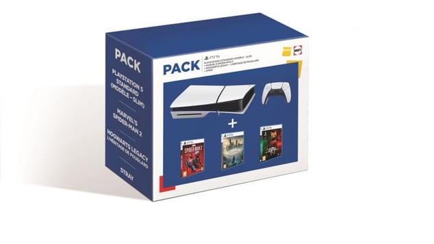 Pack Console Sony PS5 Standard modèle Slim Blanc et Noir + Marvel's Spider-Man 2 + Hogwarts Legacy L'héritage de Poudlard + Stray